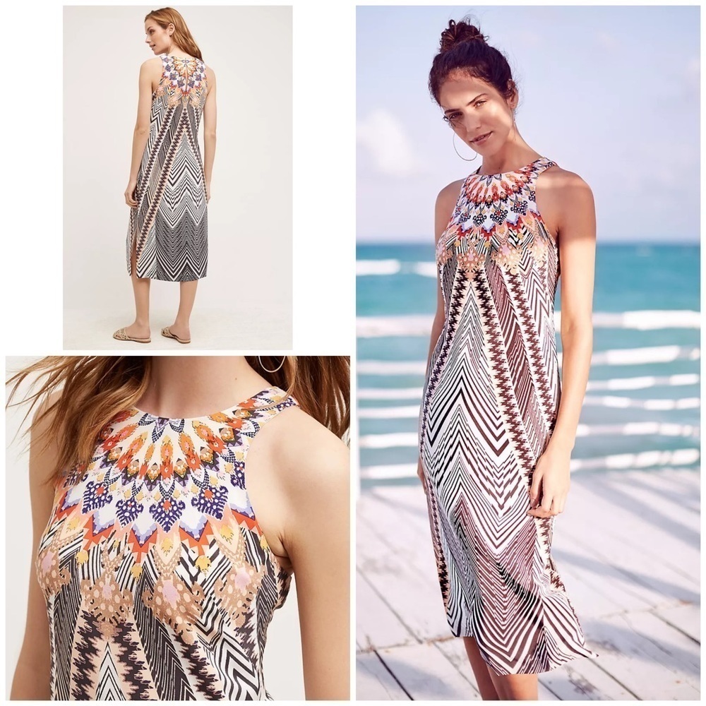 EUC Anthropologie HD in Paris Solstice Geometric Boho 100% Silk Midi Dress 0‌‌‌